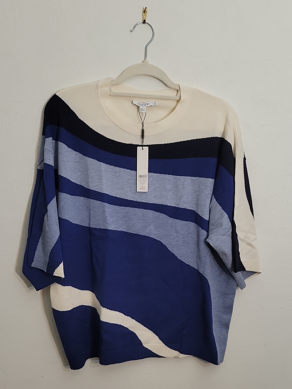 Chico's Blue, Light Blue & Cream Wave Stripe Knit Top